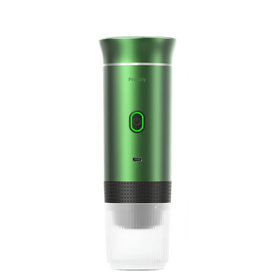 Green and clear portable device with a brand logo on a white background